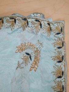 Cinon Fabric Cyan Colour Saree Without Blouse