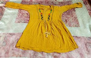 Boho Mustard Yellow Tunic Dress with Front Embroid