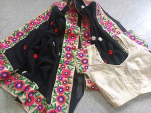 Black Saree with Embroidered Floral Border