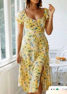 A-Line FloralPrinted Calf Length Yellow dress.