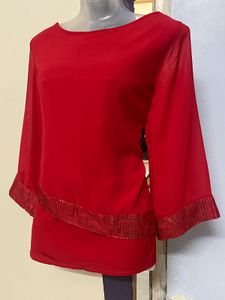 Cottinfab Branded Red Sequence Plus Size Top