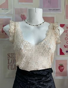 Peachy Lace Top With Ruffles Sleeve Details