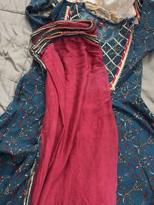 Teal &amp; Red Printed Anarkali Suit