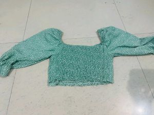 Green Shirred Puff Sleeve Crop Top