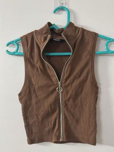 Brown Cut Sleeve Turtle Neck