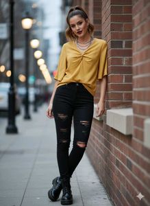 Mustard Yellow V-Neck Blouse with Bell Sleeves