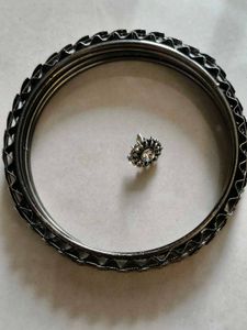 Black Metal 2 Bangle And 1 Nose Stud