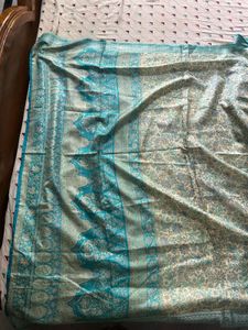 Cream And Blue Floral Pure Silk Saree