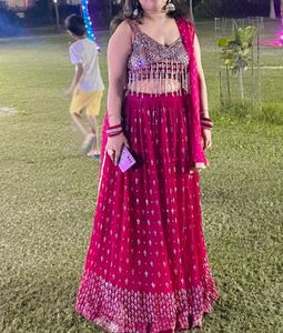 🔥 Karvachauth Offer Hot Pink Mirror Work Lahenga