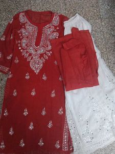 Red Embroidered Kurta Set