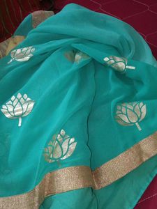 Teal &amp; Gold Sari with Blouse