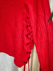 Red Cropped V-Neck Knit Sweater