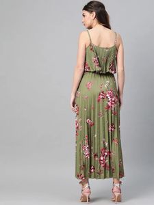 Sassafras Olive Floral Strappy Pleated Maxi Dress