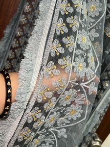 Grey Embroidered Floral Net Dupatta