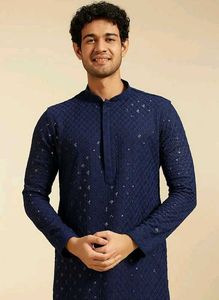 Navy Blue Embroidered Chikankari Kurta With Pajama