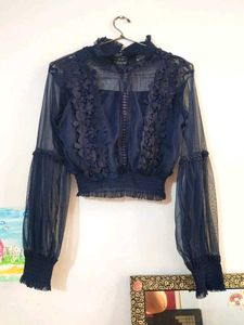 Net Lace Navy Blue Crop Top