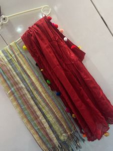 Cotton Stole Red And Multi Colour