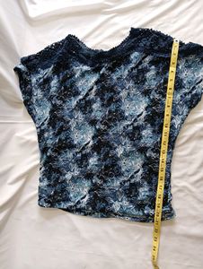 Blue Printed Top With Lace &amp; Bead Work On Shoulder