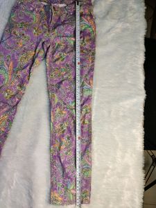 Purple Jeans With Multicolor Flower Print For Girl