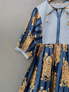 Tiger Print Midi Dress Deep Neck With String Close