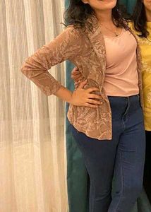 Mauve Leaf Patterned Open Front Jacket