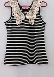 Striped Top w/ Lace Collar