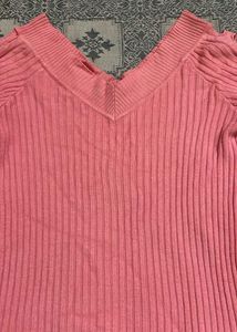 Pink Ribbed V-Neck Top