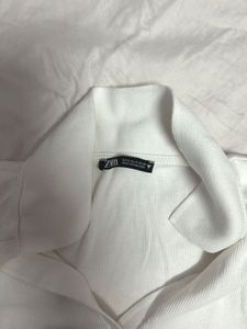 Zara White Ribbed Polo Crop Top
