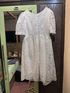 Tailored White Lace Puff Sleeve Dress