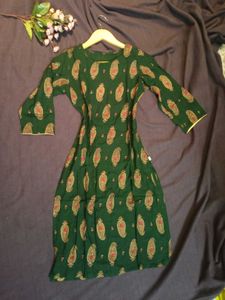 Dark Green with Gold Paisley Print Kurta, Size-XS