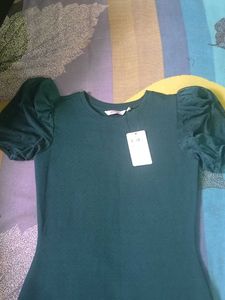 Green Puff Sleeve  One Piece Dress