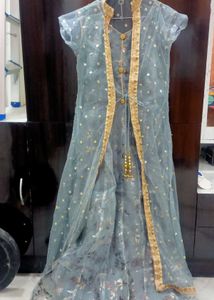 Grey gown with net shrug and dupatta