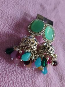 Vibrant Jhumka Earrings with Green Stone & Drops