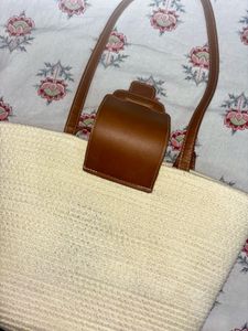Woven Straw Tote Bag with Leather Accents