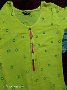 Bright Yellow Printed Kurti with Tassel Detailing