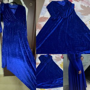A Scintillating Velvet Blue Party wear Gown