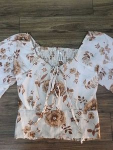 Floral Balloon Sleeve Tie Top