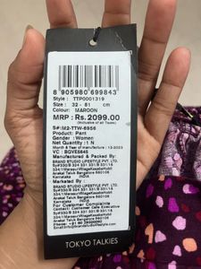 Tokyo Talkies Maroon Printed Pants - Size 32