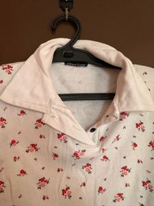 White Floral Print Polo Crop Tshirt