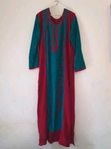 Bright Red And Green Embroidered Kurta