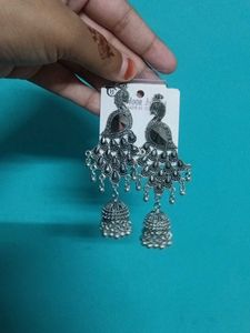 Silver Peacock Jhumka Earrings