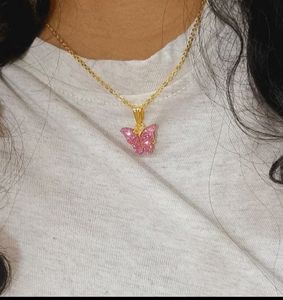 Pink Butterfly Pendant With Chain