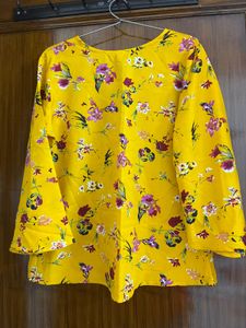 Bright Yellow Floral Rayon Top – Size L