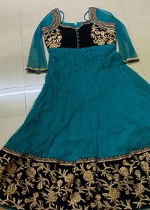 Teal &amp; Black Embroidered Anarkali