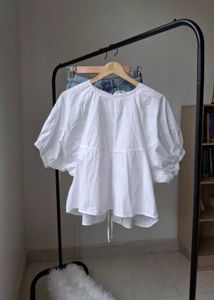 KOREAN White Puff Sleeve Tie-Back Blouse