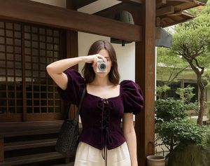 Velvet Puff Sleeve Top With lace up front Closure