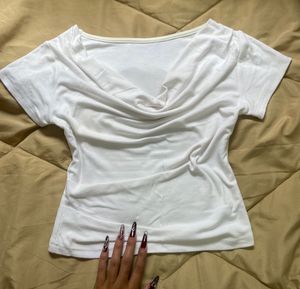 White Cowl Neck Draped Crop Top