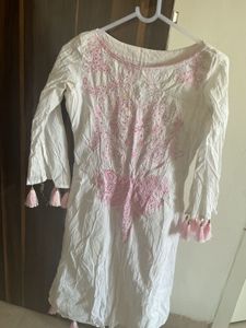 White & Pink Embroidered Kurti