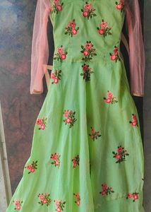 Mint Green Organza Anarkali  Floral Embroidered