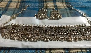 Oxidised Silver choker set With Matching Earrings